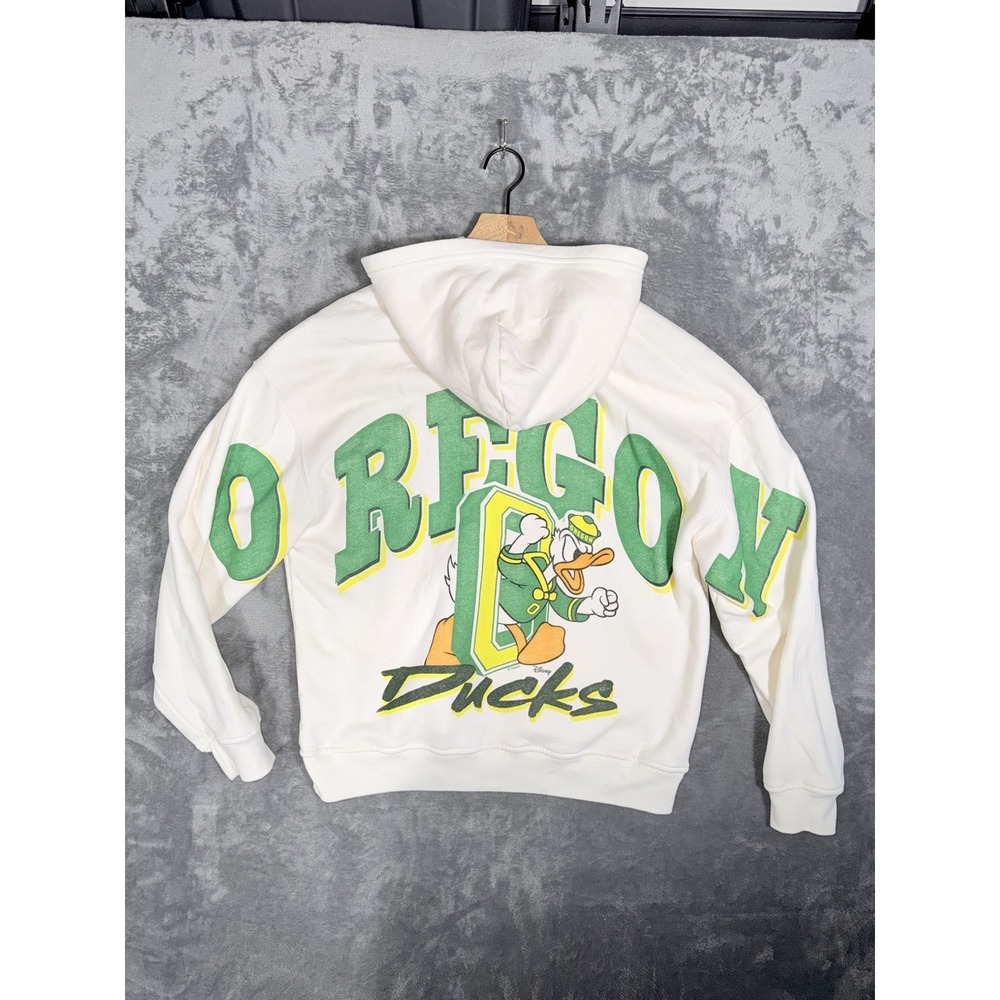 Hollister Unisex Hoodie Oregon Ducks Donald Duck M Cream Pullover Boxy Fit NCAA - Picture 3 of 8